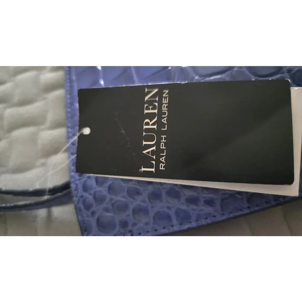 Ralph Lauren Large Blue Croc Embossed Leather Pouch RLL Zip Clutch NWT